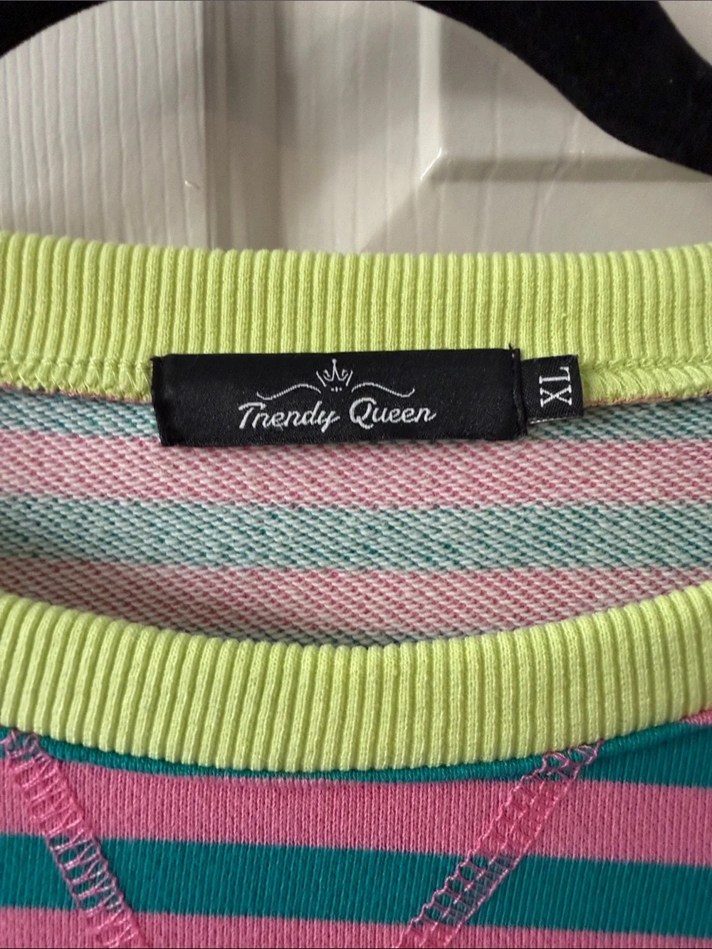 Women's Striped Crewneck Sweater in Pink & Teal with Neon Trim
